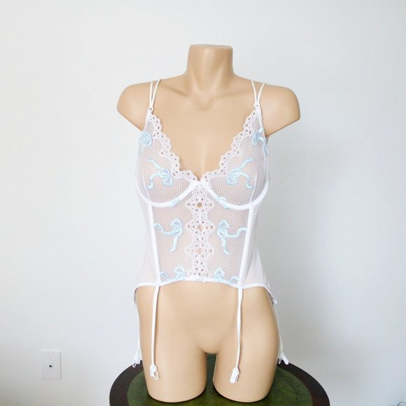 Fredericks of Hollywood Bustier Size 38 Garter Straps White Blue Ribbons B49 - Picture 2 of 14
